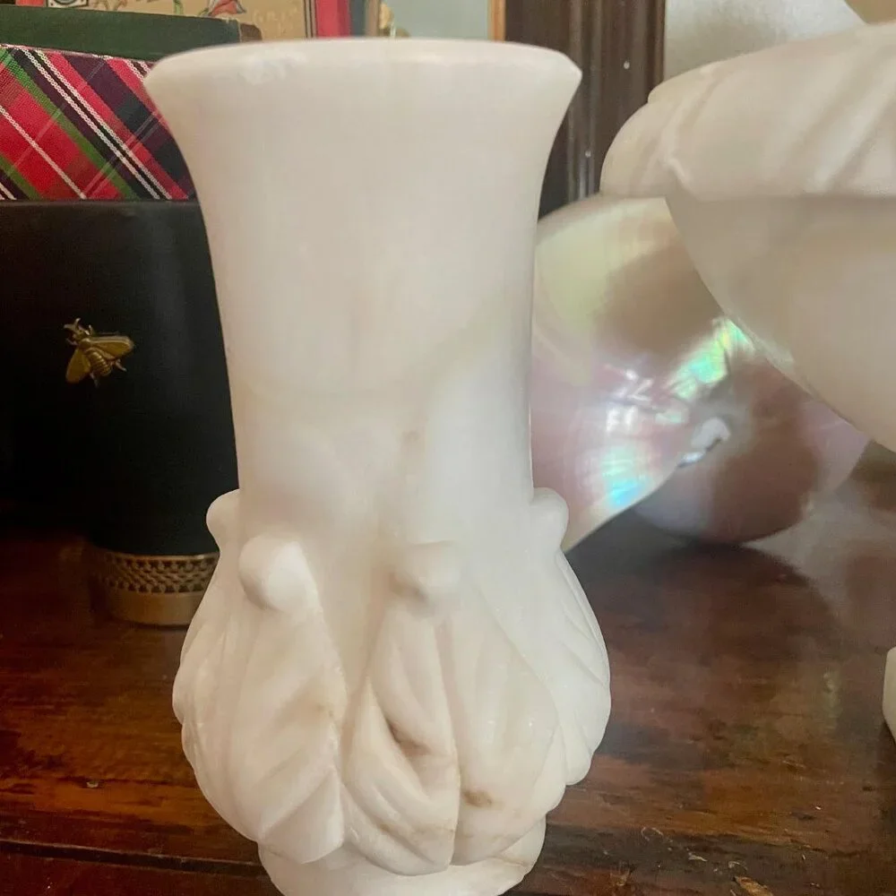 Vintage Hand-Carved Alabaster Vase Creamy White Stone Decorative Urn Leaf Design - Picture 4 of 10